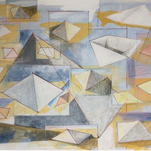 May include: Abstract art painting with geometric shapes in shades of gray, white, yellow, and pink. The shapes are layered and overlapping, creating a sense of depth and dimension.