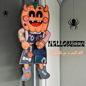 Op de afbeelding: Een printbaar sjabloon voor een Halloween-trekpop. De pop is een pompoen met een vriendelijk gezicht, draagt een overall en houdt een lolly vast. De tekst "HALLOWEEN Templates for a pull doll" staat op de afbeelding.