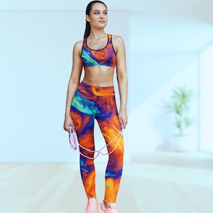 High-waist workout set, digital tie-dye padded bra and leggings with pockets, comfy activewear, sexy gym set, stylish yoga fitness outfit