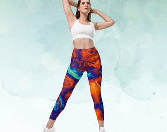 Sustainable High-Waist Tie-Dye Patterned  Leggings with Pockets,Pocketed Workout Leggings,2XS-6X Pilates Exercise Yoga Leggings for Women