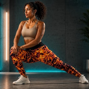 May include: A woman in athletic wear stretches, showcasing a beige sports bra and vibrant leggings with a fiery orange and yellow pattern. She wears white athletic shoes. The background is a modern gym setting.