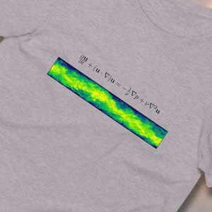 May include: A gray t-shirt with a green and yellow graphic of a fluid flow. The graphic is accompanied by the equation:  ∂u/∂t + (u ⋅ ∇)u = -1/ρ∇p + ν∇²u.