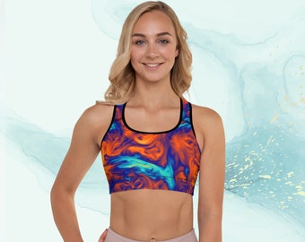 Tie Dye Patterened Padded Sports Bra, Elastic Stretchy Yoga Bra with Supporting Pads, XS to 2XL Women's Workout Exercise Bra, Athletic Bra