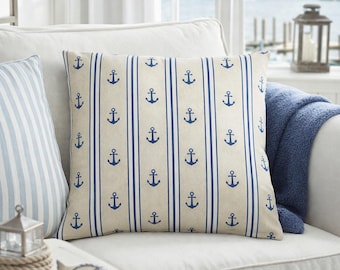 Anker Kissen 40x40 inkl Federfüllung | Maritimes Dekokissen Blau Natur Streifen | Küsten Deko Leinenoptik | Couchkissen Marine Stil Inlett