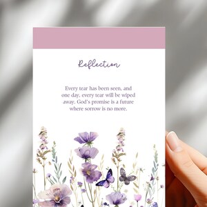 May include: A card with a lavender header and floral watercolor design. The card features the word "Reflection" in script and a quote about hope. Purple flowers and butterflies are at the bottom.