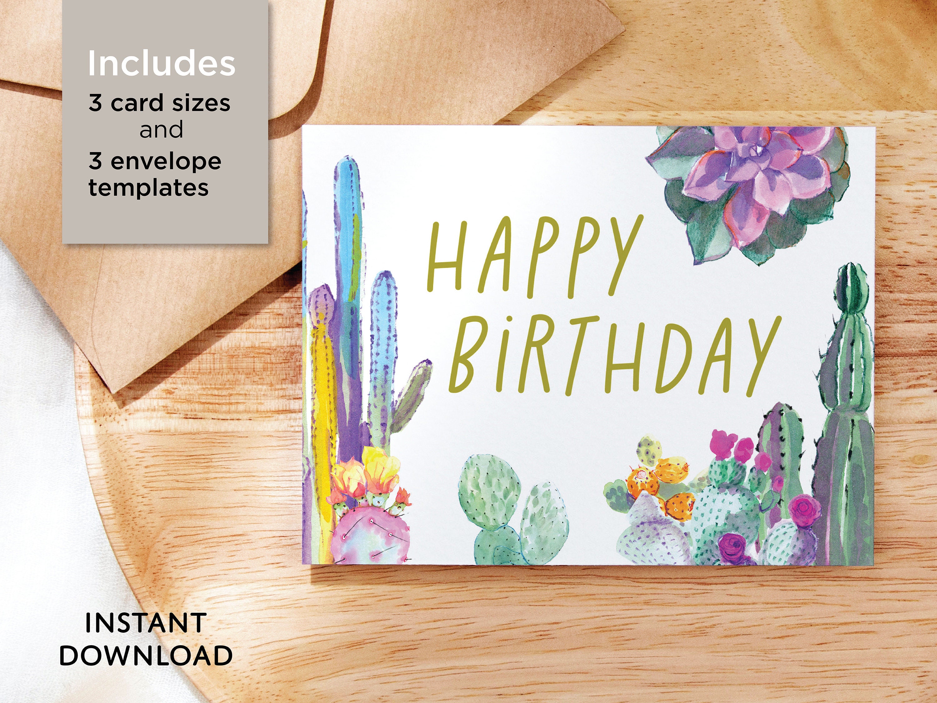 Printable Cactus Happy Birthday Card With Printable Envelope - Etsy