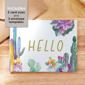 Carte imprimable Hello Cactus avec des modèles d'enveloppes imprimables / Carte de voeux à téléchargement immédiat / Téléchargement numérique / Carte imprimable
