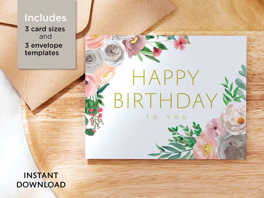 Printable Flower Happy Birthday Card With Printable Envelope Templates ...
