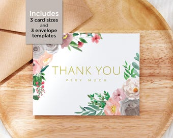 Printable Flower Thank You Card with Printable Envelope Templates / Instant Download Greeting Card / Digital Download / Printable Card