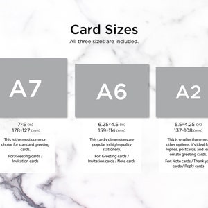 May include: A chart showing three different card sizes, labeled A7, A6, and A2. Each card size is listed with its dimensions in inches and millimeters. The chart also includes a brief description of each card size and its common uses.