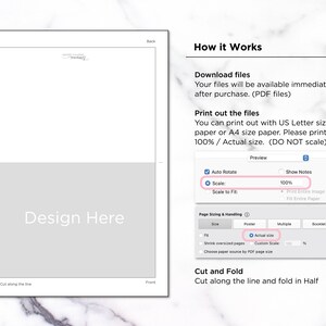 May include: A printable template for a greeting card. The image shows a design area with the text "Design Here" and instructions on how to print, cut, and fold the card. The instructions include printing at 100% scale and cutting along the line and folding in half.