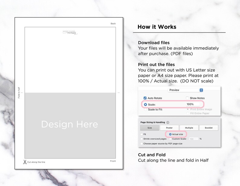 May include: A printable template for a greeting card. The image shows a design area with the text "Design Here" and instructions on how to print, cut, and fold the card. The instructions include printing at 100% scale and cutting along the line and folding in half.