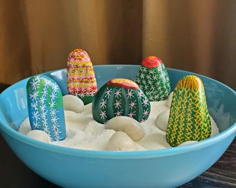 Assorted Cactus Painted Rocks Set of Five for Indoor Planter