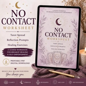 Puede incluir: Una tableta digital muestra la portada de un libro de trabajo No Contact Worksheet con acentos de acuarela morados, ilustraciones de cartas de tarot y cristales. El texto dice No Contact Worksheet, Tarot Spread, Reflection Prompts, Healing Exercises y A Guided Workbook for Breakup Healing & Self-Empowerment.