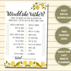 Adult Birthday Party Game - Lemons I Birthday Would She Rather Game I Printable Birthday Games I Instant Download I Easy Party Games