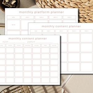 Paquete de 3 - Planificador de Contenido Mensual / Calendario de Influencers / Planificador de Plataformas de Redes Sociales / A4, Carta / Imprimible / Descargar / PDF Digital