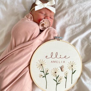 Keepsake Embroidery | Custom Name Embroidery Hoop | Nursery Decor | Floral Embroidery | Baby Name Announcement | Personalized Baby Gift