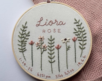 Custom Floral Name Embroidery Hoop | Baby Birth Stats Keepsake