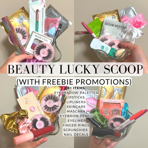 Makeup Surprise Mystery Beauty Box Lucky Scoop | Eyeshadow Palettes | Skin Care products | Eyelashes | Lipsticks | Lip Gloss | Scrunchies