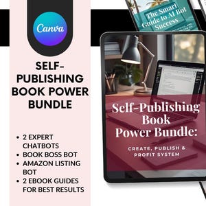 Puede incluir: La pantalla de una tableta digital muestra una imagen de marketing para un paquete de poder de autoedición de libros. La imagen presenta una computadora portátil, una lámpara de escritorio y el texto "Self-Publishing Book Power Bundle: CREATE, PUBLISH & PROFIT SYSTEM".