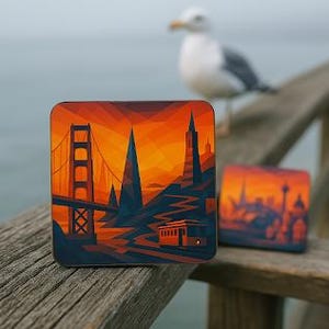 Coaster, San Francisco, California Sunset Abstract City Skylines, Home Decor, Drink Coaster, Housewarming Gift, Hostess Gift