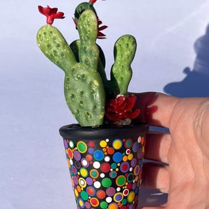 Pode incluir: Um pequeno vaso de cerâmica pintado à mão com base preta e bolinhas coloridas. O vaso contém um cacto verde com flores vermelhas. O cacto é um item decorativo.