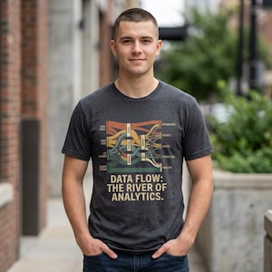 May include: A charcoal gray short-sleeve t-shirt featuring a multi-colored Sankey diagram graphic. The design includes labels like Data Lakes, User Logs, and Dashboards, with the text "DATA FLOW: THE RIVER OF ANALYTICS." printed in a bold, light-colored font.