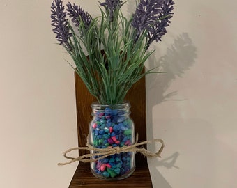 wall mount propagation shelf made from recycled used wood with mason type glass jar