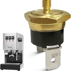 May include: A brass-colored thermostat with a black base and a silver mounting bracket. The thermostat has a threaded top and a label that reads "914".