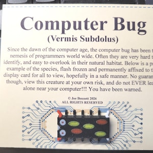 May include: A display card with the text "Computer Bug (Vermis Subdolus)". The card features a circuit board design with a small, black component with red and green accents. The text warns of the computer bug.
