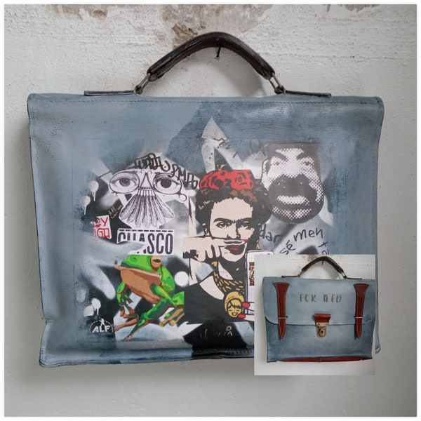 Handbemalte Aktentasche Vintage Leder Frida Kahlo