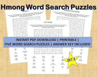 Hmong Word Search Puzzles | Digital Instant PDF Download | 8.5 x 11 Printable | Hmong Word Search Activity Pages | Set 2