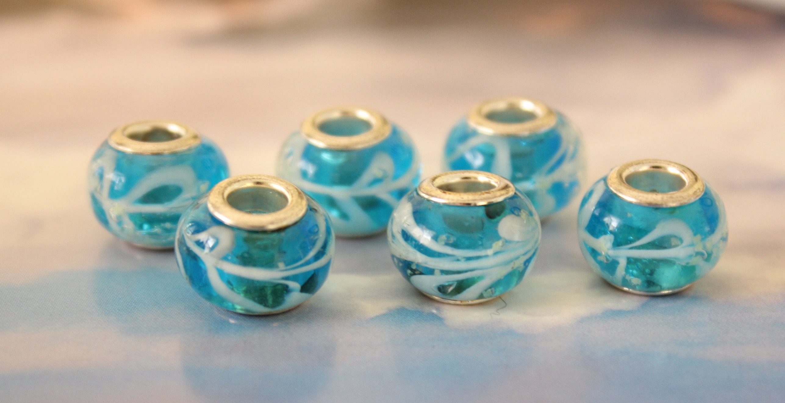 Handmade Large Hole Lampwork Beads, Euro Light Turquoise Blue Silver –  Covergirlbeads