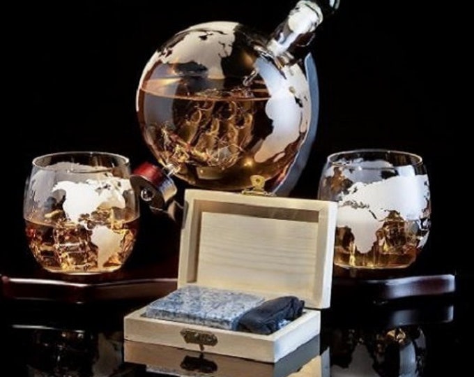 Whiskey Decanter Globe Set With 2 Etched Whiskey Glasses and Whiskey ...