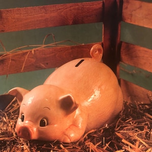 Könnte beinhalten: Ein rosafarbenes Keramik-Sparschwein mit einem Schlitz auf dem Rücken, das in einem Strohnest in einer Holzkiste sitzt.