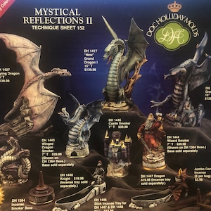 May include: A product catalog page for Doc Holliday Molds, featuring a variety of dragon-themed incense holders and smokers. The page includes images of the products, descriptions, and prices. The products are made of ceramic and are painted in various colors, including blue, green, and gold. The page also includes a description of the company's history and its commitment to quality.