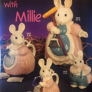 Puede incluir: Conjunto de cuatro teteras de cerámica con forma de conejos y ratones. Las teteras están decoradas con pintura rosa, azul y blanca. Las teteras miden 13 cm, 20 cm y 30 cm de alto. El texto "Tea Time with Millie" está impreso en la parte superior de la imagen. El texto "Colors and Molds by gare" está impreso en la parte inferior de la imagen.
