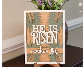 He is Risen Sign: Cherry Wood Easter Decor, Matthew 28∶6