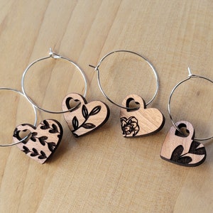 Heart Shaped Wood Wine Glass Charm Set of 4. Valentine&#39;s Day Gift