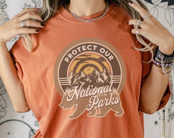 Protect Our National Parks Comfort Colors Shirt, Retro Granola Girl Aesthetic, Granola Girl Clothing, Forest Mountain Bear Hiking Shirt