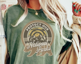 Protect Our National Parks Comfort Colors Shirt, Retro Granola Girl Aesthetic, Granola Girl Clothing, Forest Mountain Bear Hiking Shirt