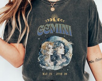 Zodiac Gemini Whimsigoth Comfort Colors Tee, Zodiac Birthday Gift For Gemini Shirt, Celestial Vintage Gemini Shirt, Retro Astrology shirt
