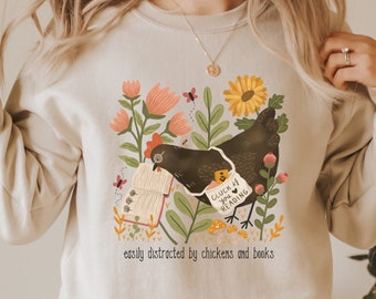 Vintage Chicken and Books Sweatshirt, Chicken Hen Shirt, Bookish shirt, Book Lovers Clothing, Librarian Gift, Bookish Gift for her, farmcore