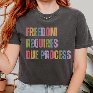 May include: Dark grey t-shirt with the words "FREEDOM REQUIRES DUE PROCESS" in colourful block letters. The shirt has a vintage, slightly faded look. The text is in a rainbow of colours: pink, yellow, green, purple, and blue.