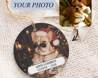 Custom Funny Santa Dog Photo Christmas Ornament, Personalized Pet Portrait Gift, Custom Dog Drinking Coffee Artwork, Pet Lover Memorial Gift