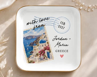 Custom Greece Skyline Jewelry Dish, Traveler Couple Engagement Gift, Proposal Keepsake, Souvenir from Greek Vacation Honeymoon Trip