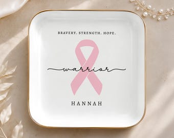 Personalized Cancer Warrior Jewelry Dish, Breast Cancer Patient Chemo Support Gift, Custom Name Encouragement Trinket Tray for Her