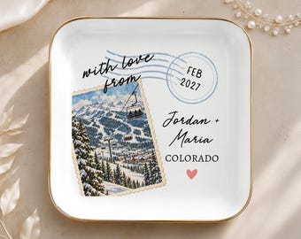 Custom Vail Colorado Jewelry Dish, Traveler Couple Engagement Gift, Proposal Keepsake, Souvenir from Ski Vacation Honeymoon Trip