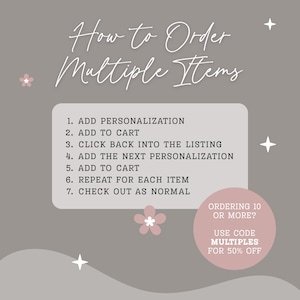 The image is a step-by-step guide on how to order multiple items, with a focus on personalizing the order and using code to receive a 50% discount.