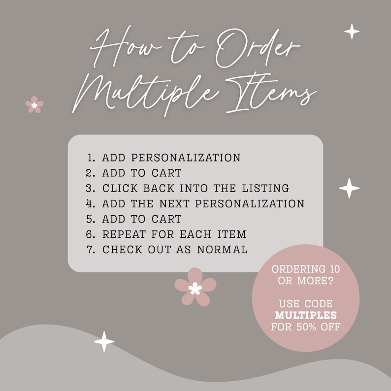 The image is a step-by-step guide on how to order multiple items, with a focus on personalizing the order and using code to receive a 50% discount.